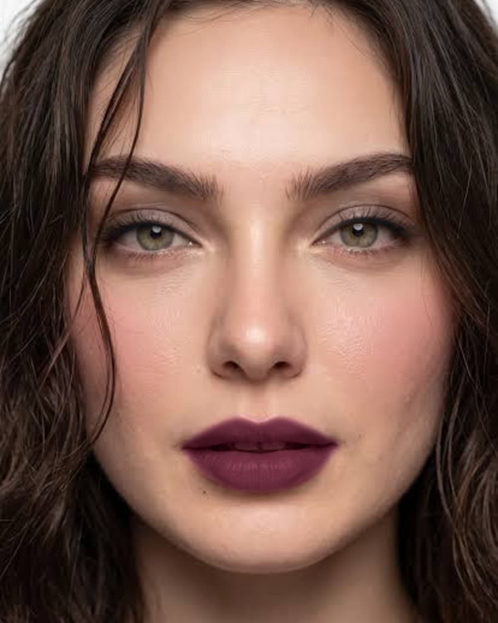 Model wearing the Velours Prune look: a matte plum lip and a smoked slate lid